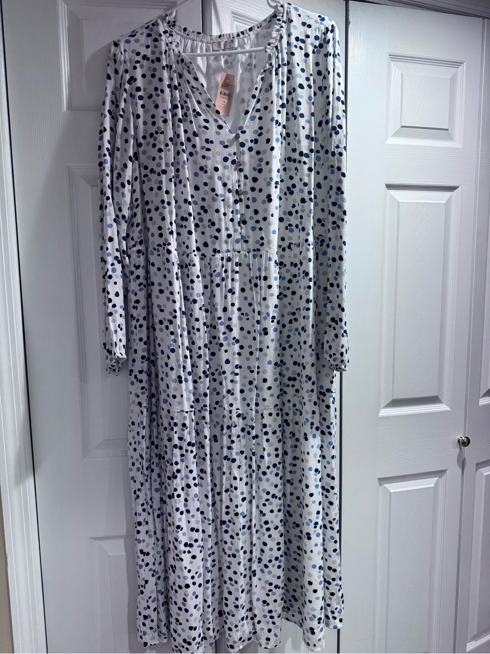LOFT White Maxi Dress with Blue Polka Dots